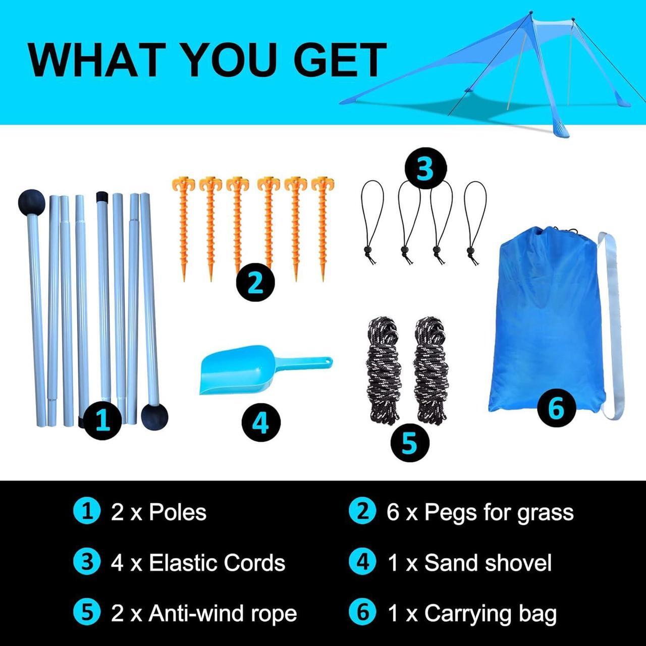 Alt view image 7 of 7 - Beach Canopy Tent Sun Shade with UPF 50+ UV Protection, Beach Tent Sun Shelter with Sandbags, Poles and Ground Pegs and Anti-Wind Ropes for Outdoor, Camping, Backyard and Picnics
