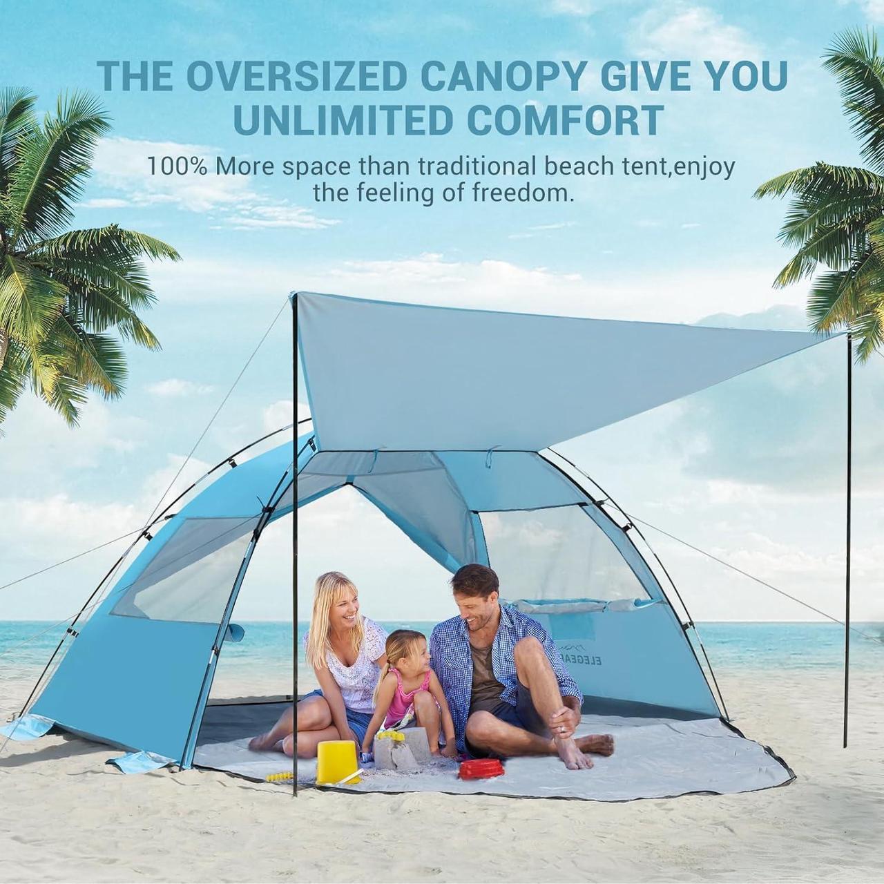 Alt view image 2 of 7 - Elegear Beach Tent Sun Shelter with Canopy, 4-5 Person Pop Up Beach Tent, Easy Setup UPF 50+ UV Protection Portable Lightweight Double Silver Coating Beach Cabana Sun Shade Shelter - Sky Blue
