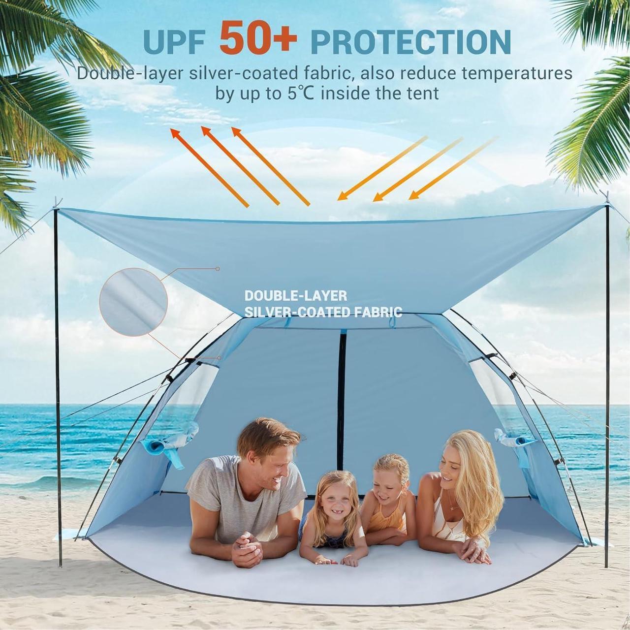 Alt view image 3 of 7 - Elegear Beach Tent Sun Shelter with Canopy, 4-5 Person Pop Up Beach Tent, Easy Setup UPF 50+ UV Protection Portable Lightweight Double Silver Coating Beach Cabana Sun Shade Shelter - Sky Blue