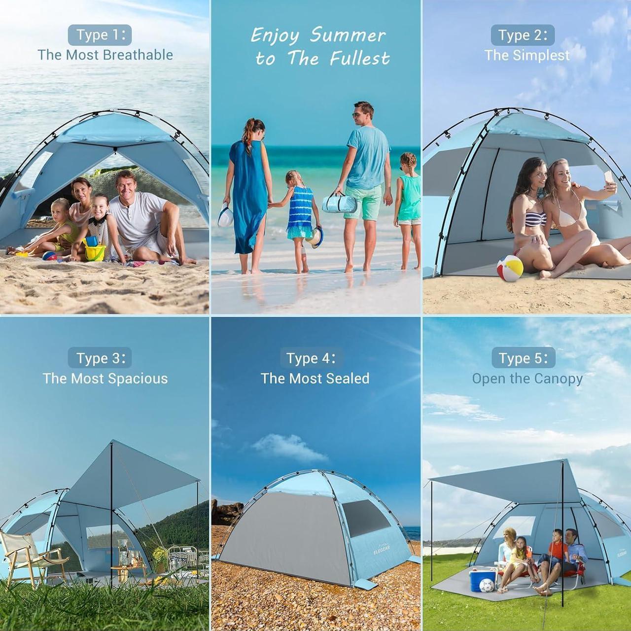 Alt view image 4 of 7 - Elegear Beach Tent Sun Shelter with Canopy, 4-5 Person Pop Up Beach Tent, Easy Setup UPF 50+ UV Protection Portable Lightweight Double Silver Coating Beach Cabana Sun Shade Shelter - Sky Blue