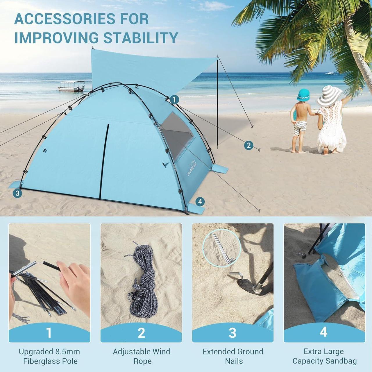 Alt view image 6 of 7 - Elegear Beach Tent Sun Shelter with Canopy, 4-5 Person Pop Up Beach Tent, Easy Setup UPF 50+ UV Protection Portable Lightweight Double Silver Coating Beach Cabana Sun Shade Shelter - Sky Blue