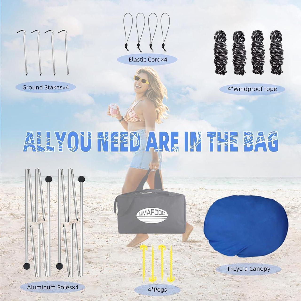 Alt view image 6 of 7 - UMARDOO Family Beach Tent Canopy Sun Shade Portable 10×10FT, Large Wind Resistance Beach Sun Shelter Easy Setup with Packable Carry Bag for Outdoor Travel UPF 50+ (Blue)