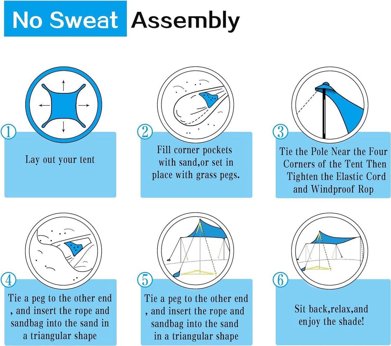 Alt view image 7 of 7 - UMARDOO Family Beach Tent Canopy Sun Shade Portable 10×10FT, Large Wind Resistance Beach Sun Shelter Easy Setup with Packable Carry Bag for Outdoor Travel UPF 50+ (Blue)