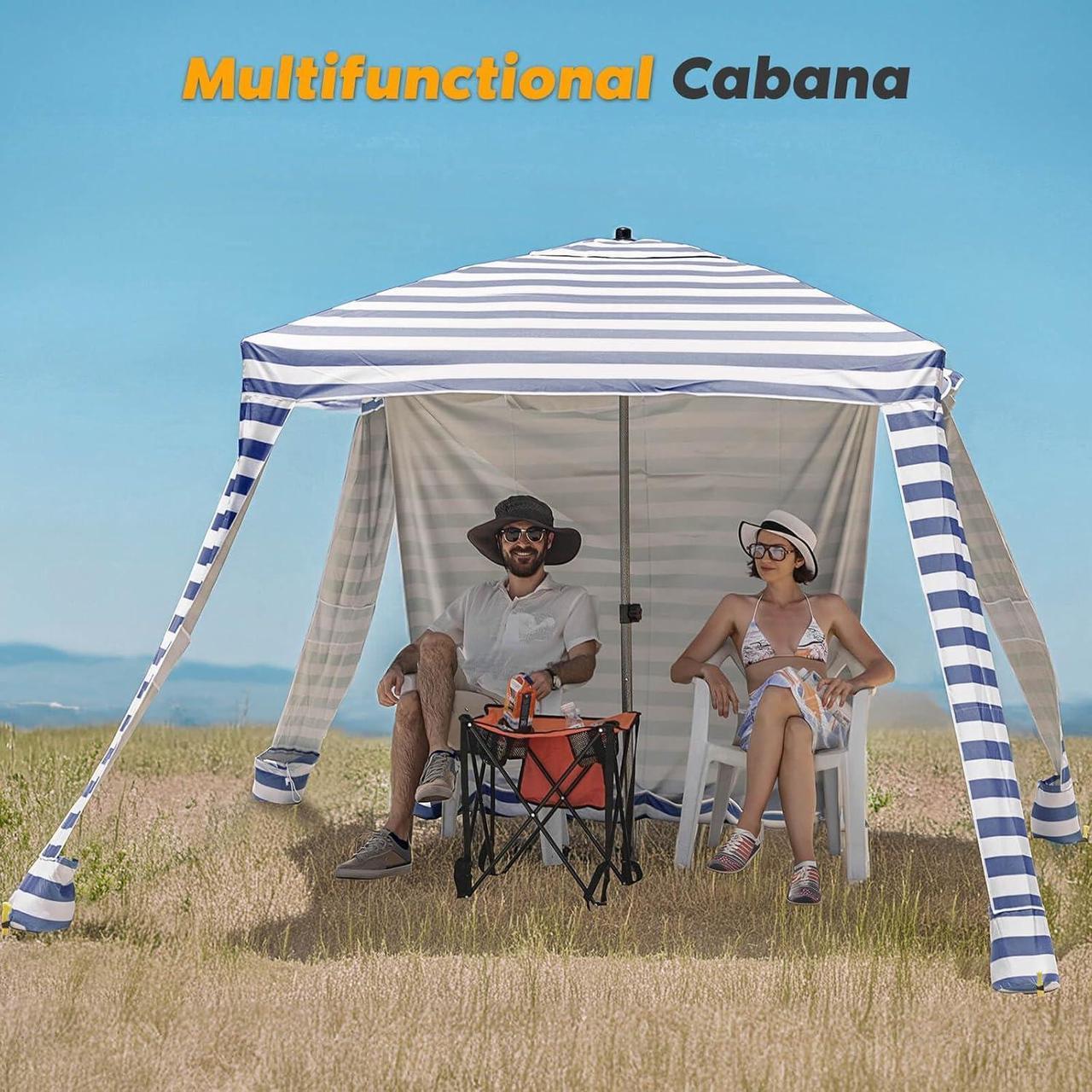 Alt view image 5 of 7 - Beach Cabana - UPF 100+ UV Protection Beach Tent, Easy to Set Up 6' x 6' Canopy with Attachable Wall, Waterproof Fabric, Portable Shelter for Family & Friends (Navy Blue)