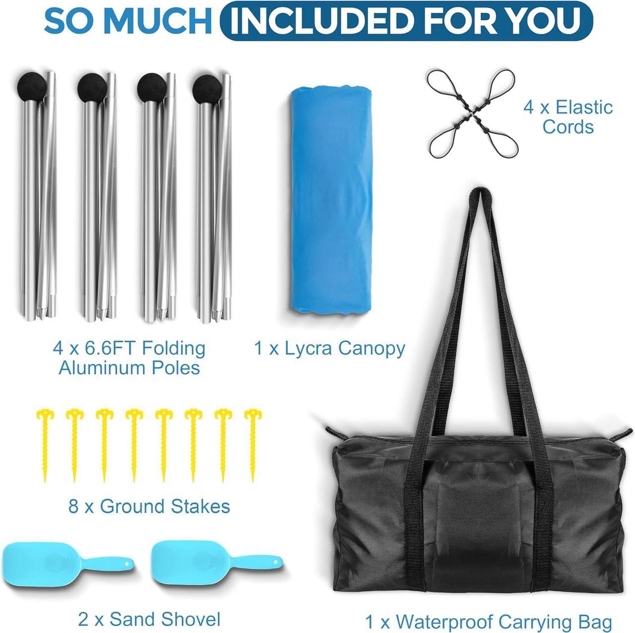 Alt view image 5 of 7 - Beach Canopy Beach Tent Pop Up Shade 10x10ft Sun Shelter UPF50+ with 8 Sandbags-2 Sand Shovel-4 Aluminum Poles-Ground Pegs-Portable Carrying Bag for Outdoor Family Camping Fishing Yard Picnic