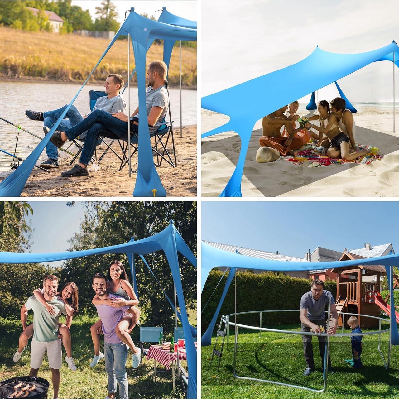 Alt view image 6 of 7 - Beach Canopy Beach Tent Pop Up Shade 10x10ft Sun Shelter UPF50+ with 8 Sandbags-2 Sand Shovel-4 Aluminum Poles-Ground Pegs-Portable Carrying Bag for Outdoor Family Camping Fishing Yard Picnic