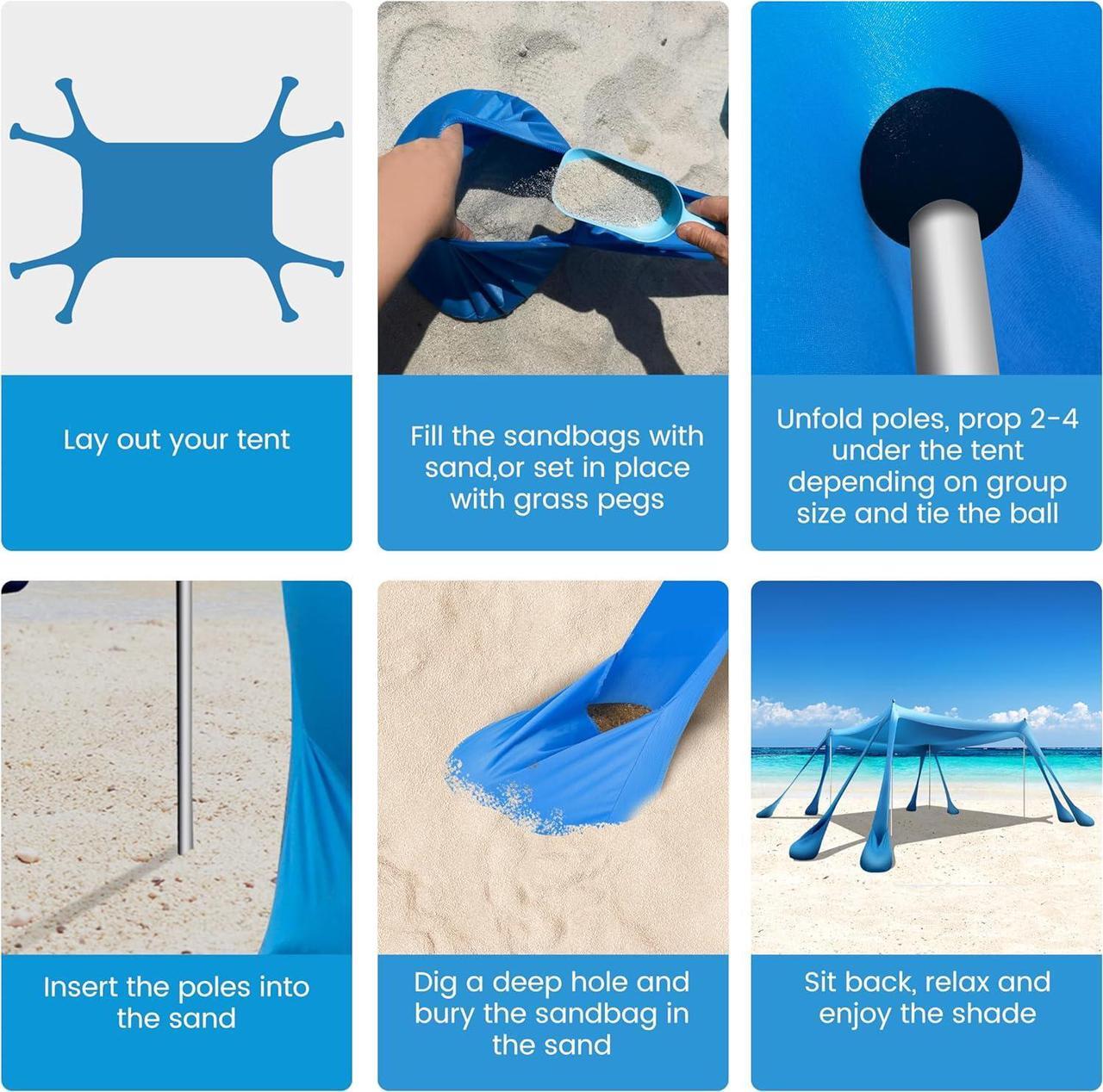 Alt view image 7 of 7 - Beach Canopy Beach Tent Pop Up Shade 10x10ft Sun Shelter UPF50+ with 8 Sandbags-2 Sand Shovel-4 Aluminum Poles-Ground Pegs-Portable Carrying Bag for Outdoor Family Camping Fishing Yard Picnic