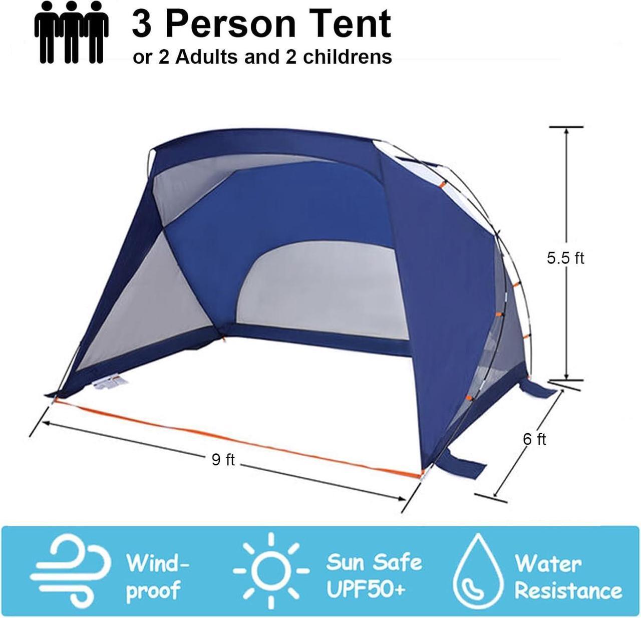 Alt view image 3 of 6 - Beach Tent, 3/4 Person Sun Shelter Beach Shade Tent with UPF 50+ Protection, Portable Lightweight and Easy Setup Beach Canopy Baby Beach Tent for Camping, Hiking, Fishing, Backyard, Picnics- Navy Blue