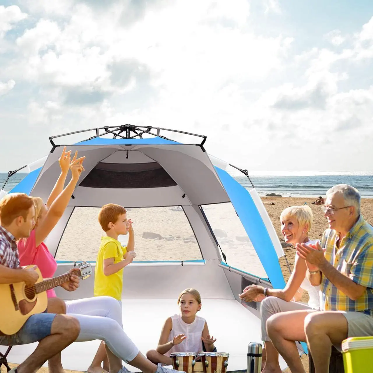 Alt view image 2 of 5 - Oileus XX-Large Beach Tent Sun Shelter for 5-6 Person Portable Sun Shade Instant Pop Up Tent for Beach with Carrying Bag, Stakes, 6 Sand Pockets, Anti UV for Fishing Hiking Camping Blue