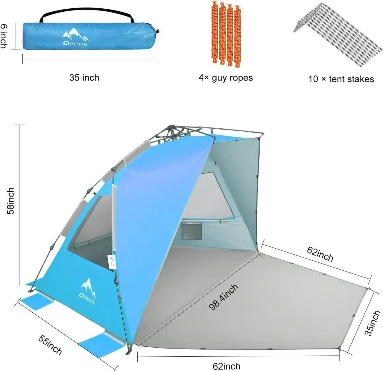 Alt view image 3 of 5 - Oileus XX-Large Beach Tent Sun Shelter for 5-6 Person Portable Sun Shade Instant Pop Up Tent for Beach with Carrying Bag, Stakes, 6 Sand Pockets, Anti UV for Fishing Hiking Camping Blue