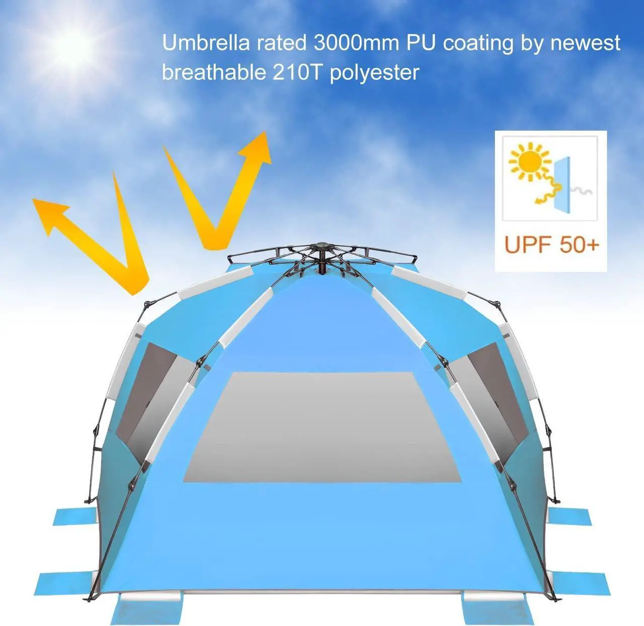 Alt view image 4 of 5 - Oileus XX-Large Beach Tent Sun Shelter for 5-6 Person Portable Sun Shade Instant Pop Up Tent for Beach with Carrying Bag, Stakes, 6 Sand Pockets, Anti UV for Fishing Hiking Camping Blue