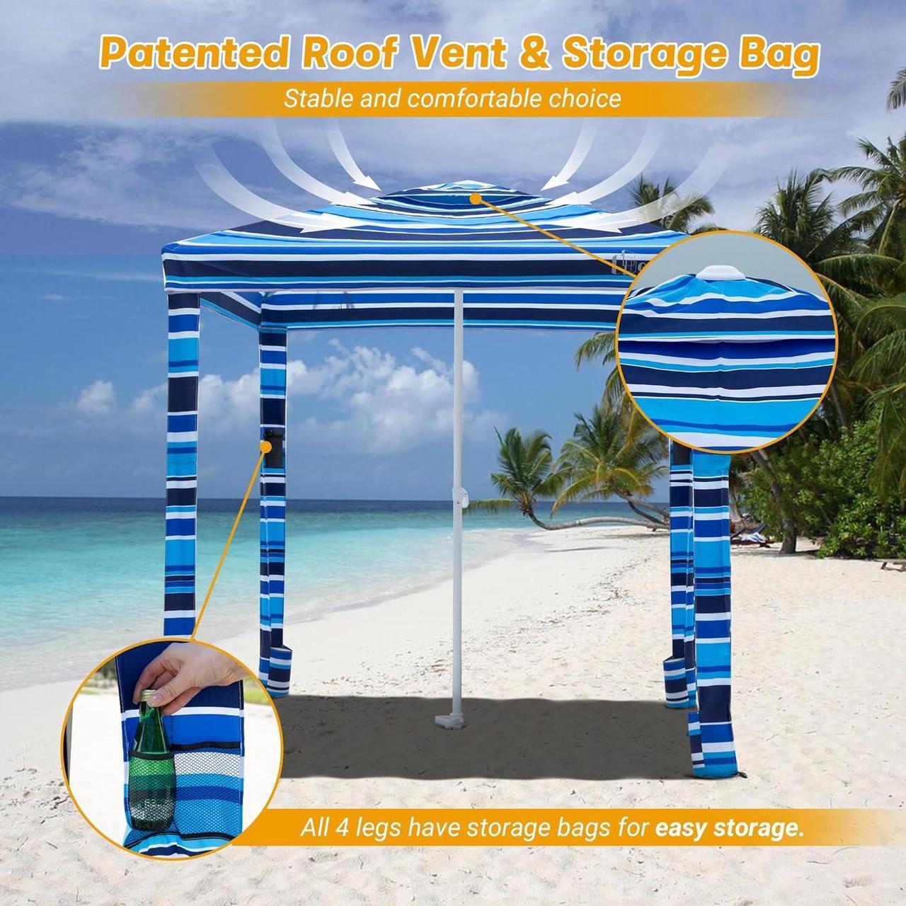 Alt view image 5 of 7 - Grandekor Beach Cabana, 6'×6' Beach Canopy with Sand Pockets, Privacy Sunwall, Easy Set up and Take Down, Cool Cabana Beach Tent UPF 50+ UV, Instant Sun Shelter Portable