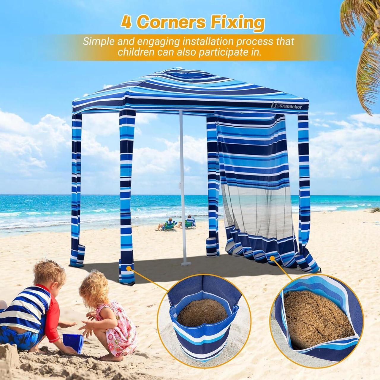 Alt view image 6 of 7 - Grandekor Beach Cabana, 6'×6' Beach Canopy with Sand Pockets, Privacy Sunwall, Easy Set up and Take Down, Cool Cabana Beach Tent UPF 50+ UV, Instant Sun Shelter Portable