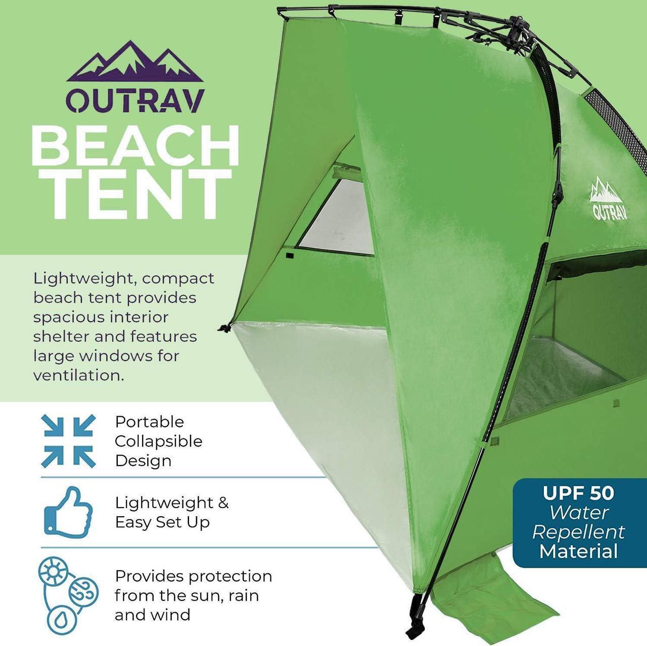 Alt view image 2 of 7 - Outrav Pop Up Beach Tent - Quick and Easy Set Up, Family Size, Portable Sun and Water Shelter and Shade Canopy - for Fishing, Camping, Hiking and Outdoor Activities (Green)