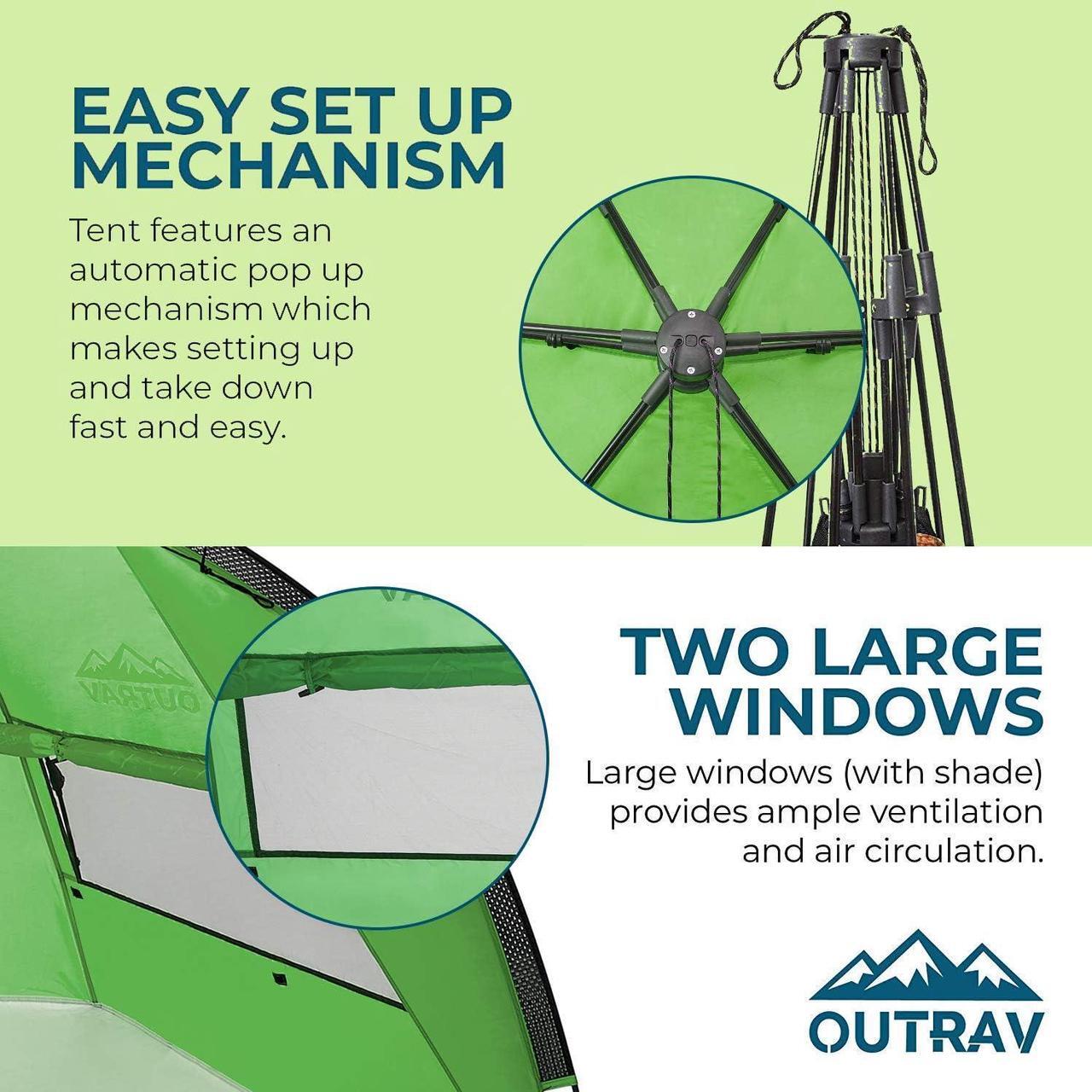 Alt view image 3 of 7 - Outrav Pop Up Beach Tent - Quick and Easy Set Up, Family Size, Portable Sun and Water Shelter and Shade Canopy - for Fishing, Camping, Hiking and Outdoor Activities (Green)