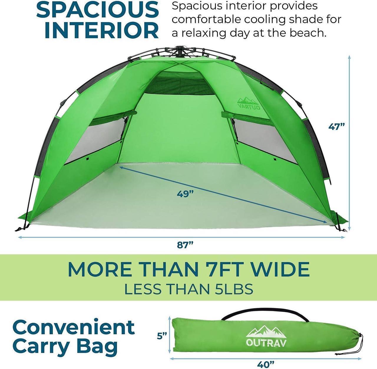 Alt view image 4 of 7 - Outrav Pop Up Beach Tent - Quick and Easy Set Up, Family Size, Portable Sun and Water Shelter and Shade Canopy - for Fishing, Camping, Hiking and Outdoor Activities (Green)
