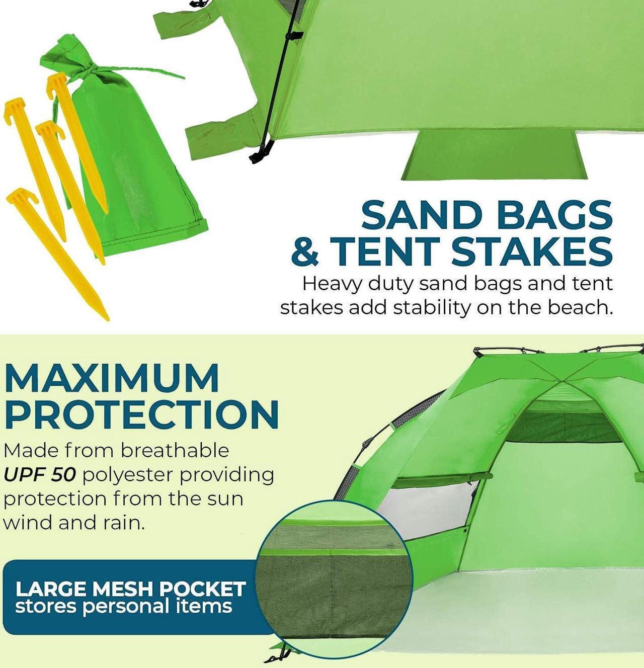 Alt view image 6 of 7 - Outrav Pop Up Beach Tent - Quick and Easy Set Up, Family Size, Portable Sun and Water Shelter and Shade Canopy - for Fishing, Camping, Hiking and Outdoor Activities (Green)