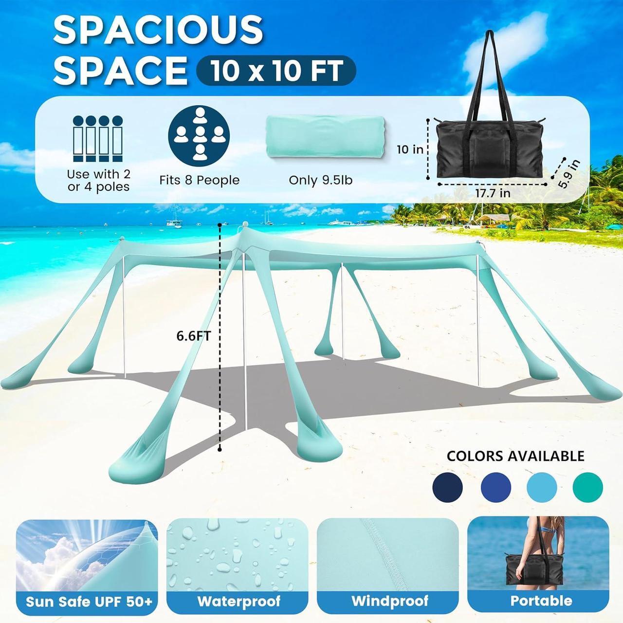 Alt view image 2 of 7 - Beach Canopy Beach Tent Pop Up Shade 10x10ft Sun Shelter UPF50+ with 8 Sandbags-2 Sand Shovel-4 Aluminum Poles-Ground Pegs-Portable Carrying Bag for Outdoor Family Camping Fishing Yard Picnic