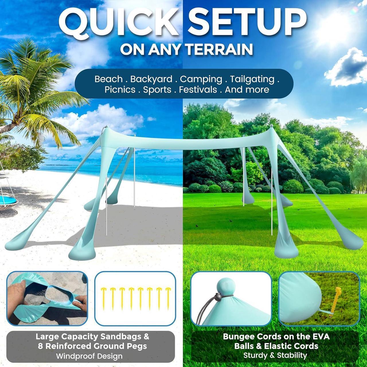 Alt view image 3 of 7 - Beach Canopy Beach Tent Pop Up Shade 10x10ft Sun Shelter UPF50+ with 8 Sandbags-2 Sand Shovel-4 Aluminum Poles-Ground Pegs-Portable Carrying Bag for Outdoor Family Camping Fishing Yard Picnic