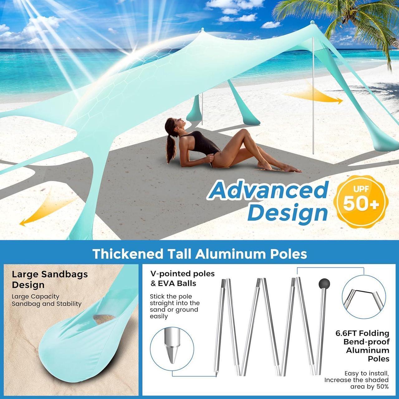 Alt view image 4 of 7 - Beach Canopy Beach Tent Pop Up Shade 10x10ft Sun Shelter UPF50+ with 8 Sandbags-2 Sand Shovel-4 Aluminum Poles-Ground Pegs-Portable Carrying Bag for Outdoor Family Camping Fishing Yard Picnic