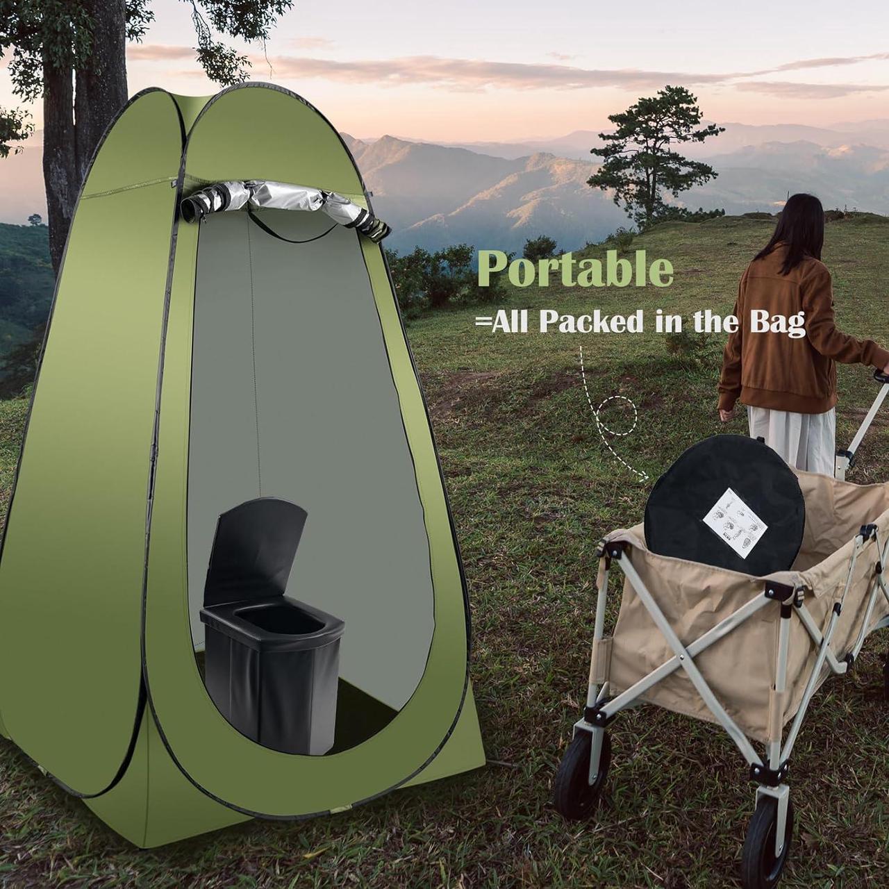 Alt view image 2 of 7 - Portable Camping Toilet Kit for Adults, Pop up Privacy Tent, X Large Folding Toilet Potty with Camping Tent, Outdoor Instant Shower Tent Camp Toilet Changing Dressing Room (Green)