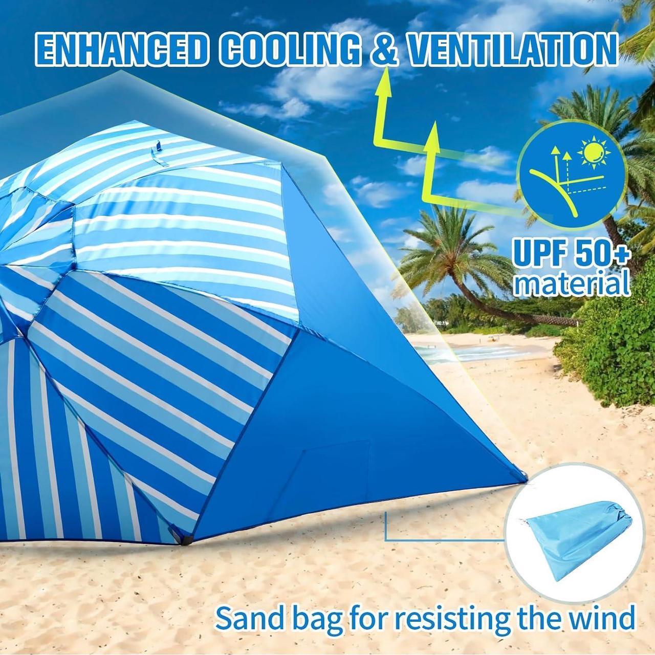 Alt view image 6 of 7 - Beach Shelter Umbrella Premiere UPF 50+ Umbrella Shelter for Sun and Rain Protection for Adult (10-Foot, Blue Stripe)