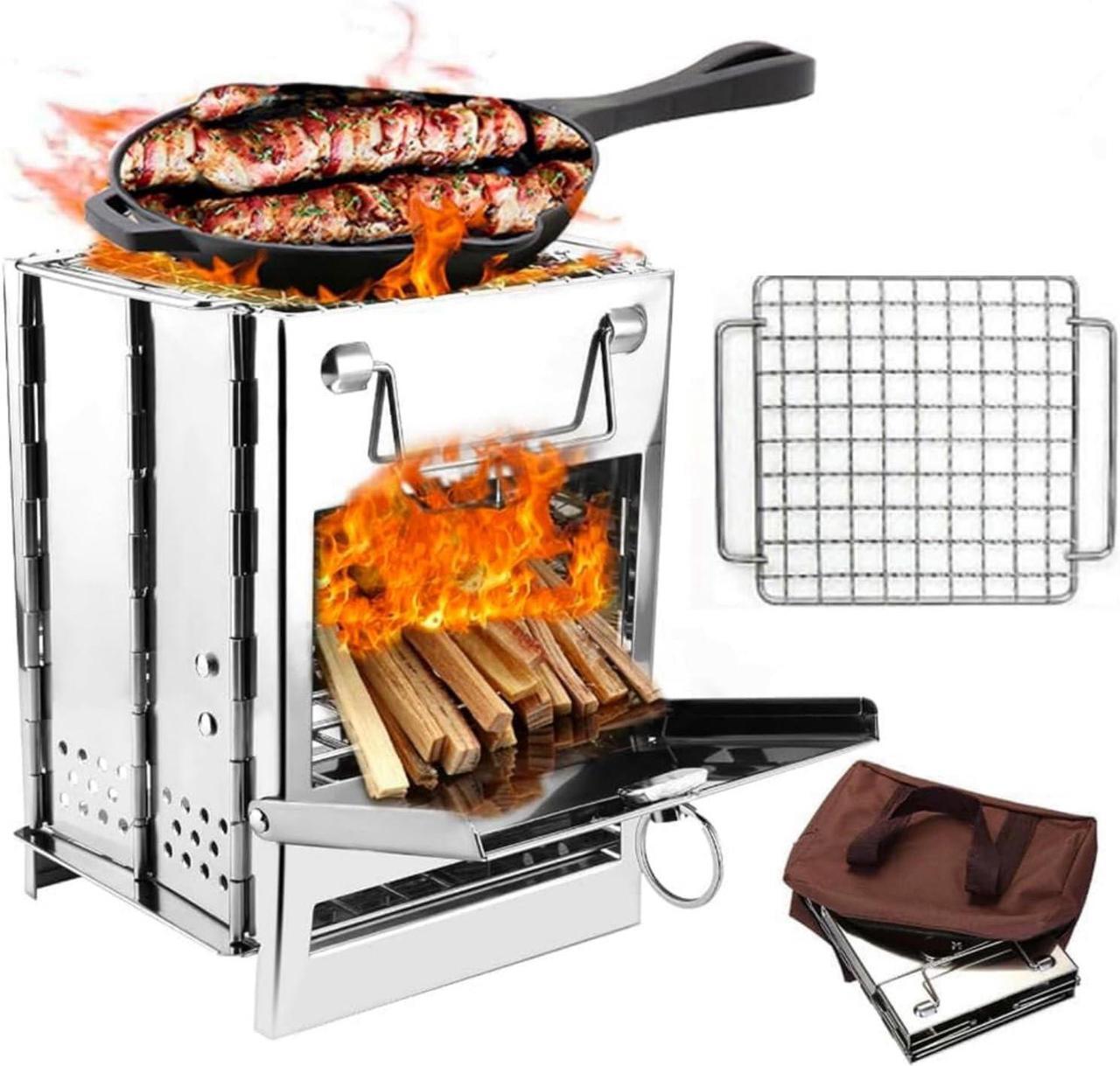 Main image of Camping Wood Burning Stove with Carry Bag,Foldable Camp Stove,Stainless Steel Collapsible Backpacking Survival Stove,Campfire Stove,Outdoor Folding Lightweight Stove for BBQ,Cooking,Picnic,Hiking