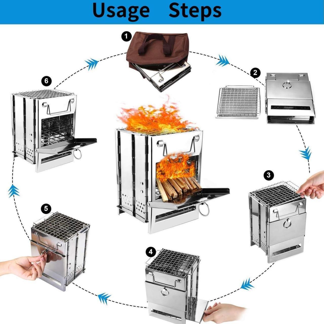 Alt view image 4 of 7 - Camping Wood Burning Stove with Carry Bag,Foldable Camp Stove,Stainless Steel Collapsible Backpacking Survival Stove,Campfire Stove,Outdoor Folding Lightweight Stove for BBQ,Cooking,Picnic,Hiking