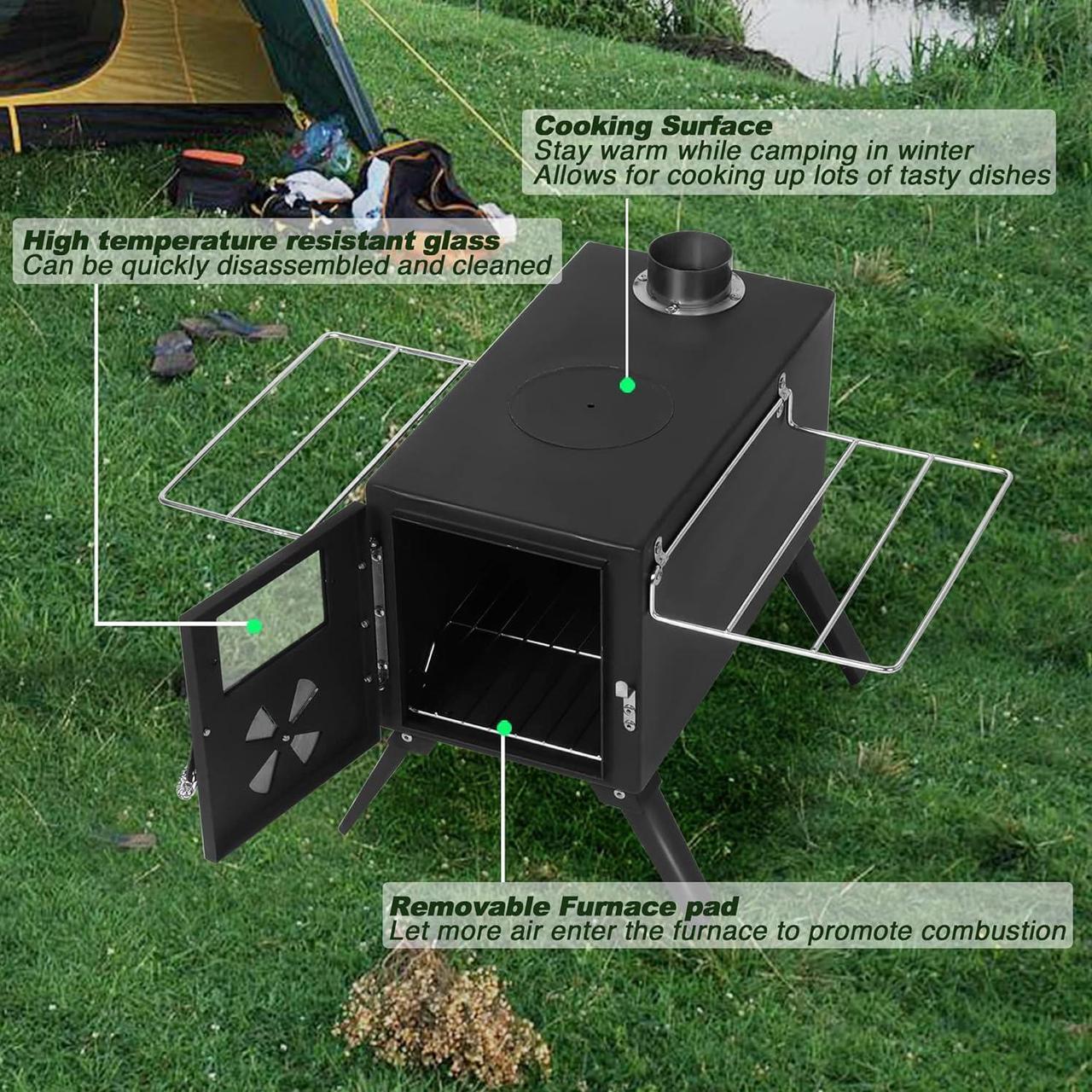 Alt view image 5 of 7 - LAZZO Camping Tent Stove, Portable Wood Burning Stove with Pipes for tent, Heating Burner Stove for Camping, Outdoor Camping Tent Wood Stove for Cooking, Ice-fishing,Travel, Hiking,Backpacking trip