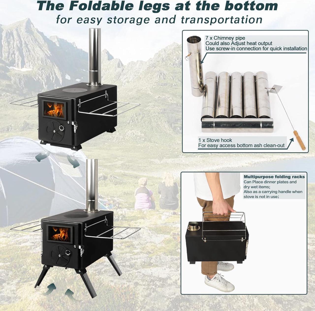 Alt view image 6 of 7 - LAZZO Camping Tent Stove, Portable Wood Burning Stove with Pipes for tent, Heating Burner Stove for Camping, Outdoor Camping Tent Wood Stove for Cooking, Ice-fishing,Travel, Hiking,Backpacking trip