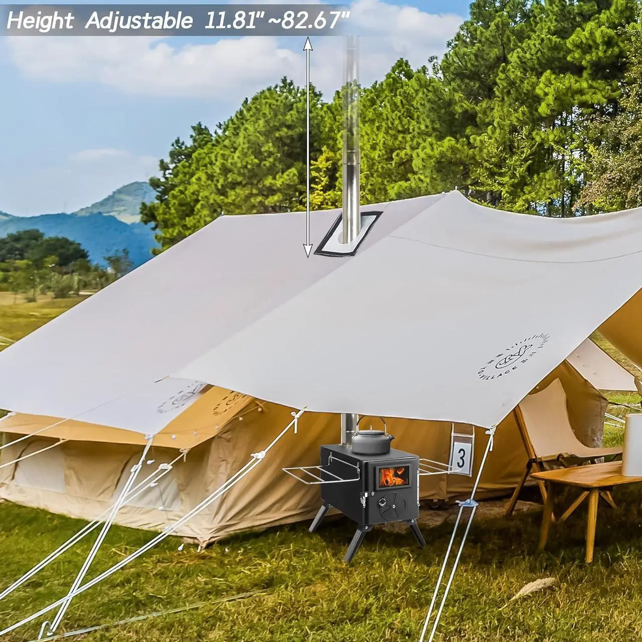 Alt view image 6 of 7 - HOPUBUY Wood Stove Hot Tent Stove, Portable Camping Wood Burning Stove for Outdoor Cooking, Small Wood Stove with 7 Stainless Chimney Pipes and Tent Stove Jack