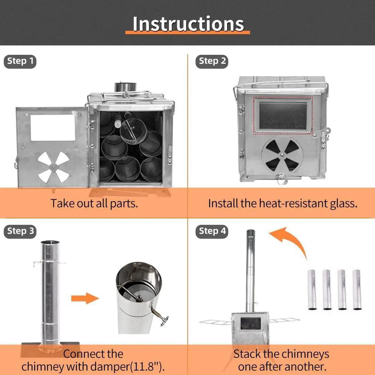 Alt view image 4 of 7 - MC TOMOUNT Tent Stove Portable Wood Burning Stove 304 Stainless Steel for Camping Hunting 6feet Pipes Included