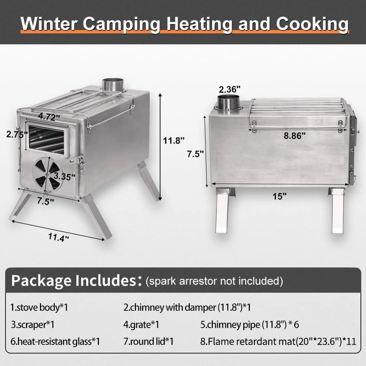 Alt view image 5 of 7 - MC TOMOUNT Tent Stove Portable Wood Burning Stove 304 Stainless Steel for Camping Hunting 6feet Pipes Included