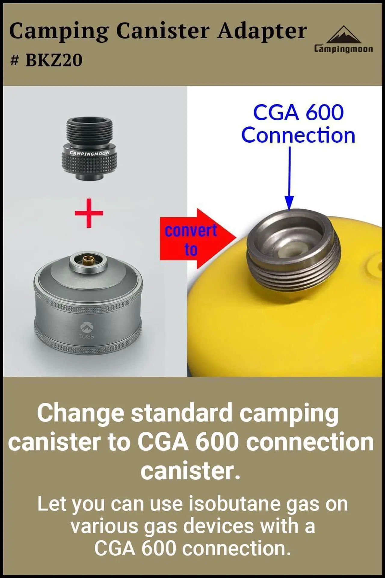 Alt view image 2 of 7 - CAMPINGMOON Camping Canister Propane Gas Stove Grill Adapter, Input: EN417 Lindal Valve Canister, Output: CGA 600 Connection BKZ20 (Black CGA 600 Adapter)