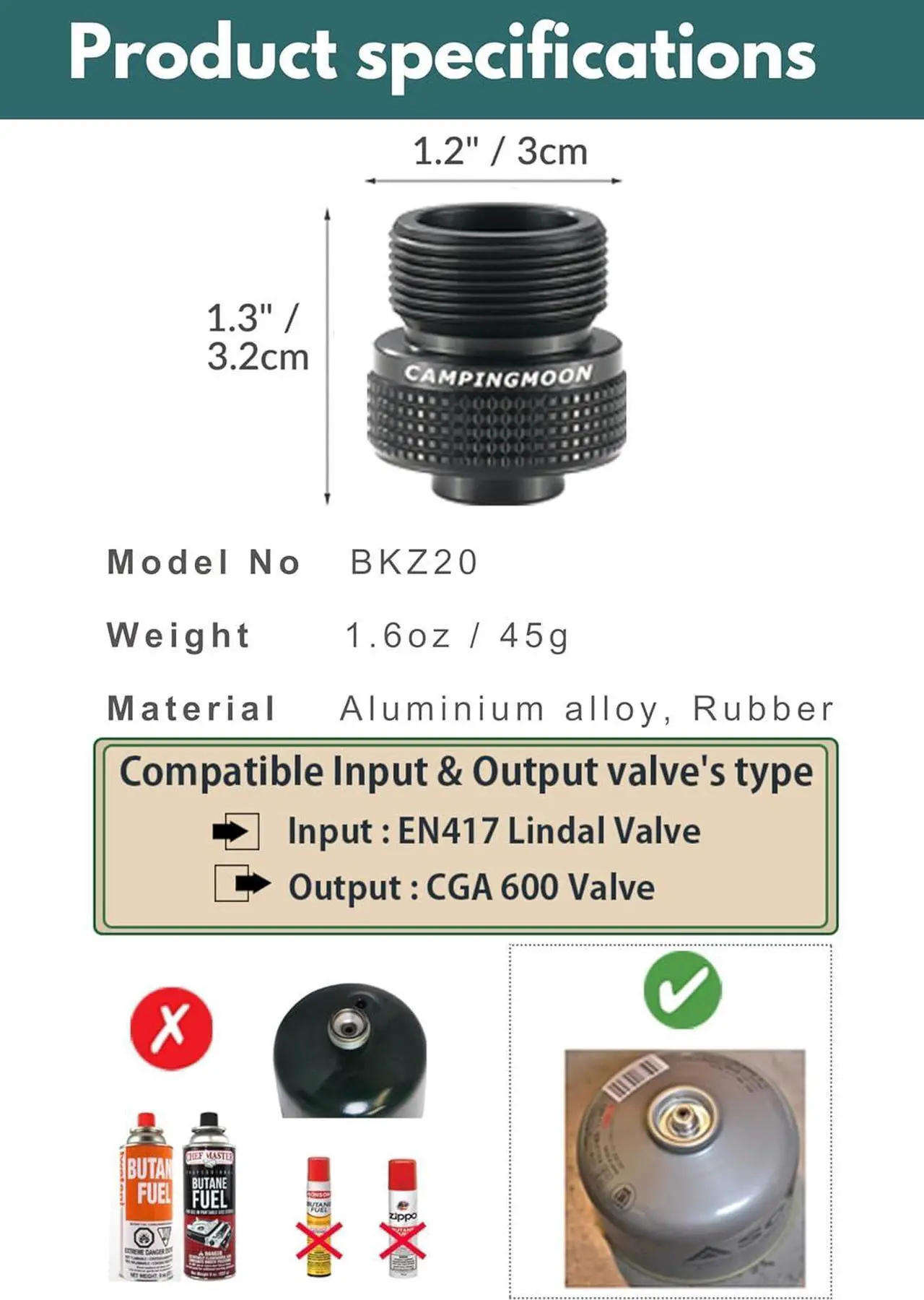 Alt view image 6 of 7 - CAMPINGMOON Camping Canister Propane Gas Stove Grill Adapter, Input: EN417 Lindal Valve Canister, Output: CGA 600 Connection BKZ20 (Black CGA 600 Adapter)