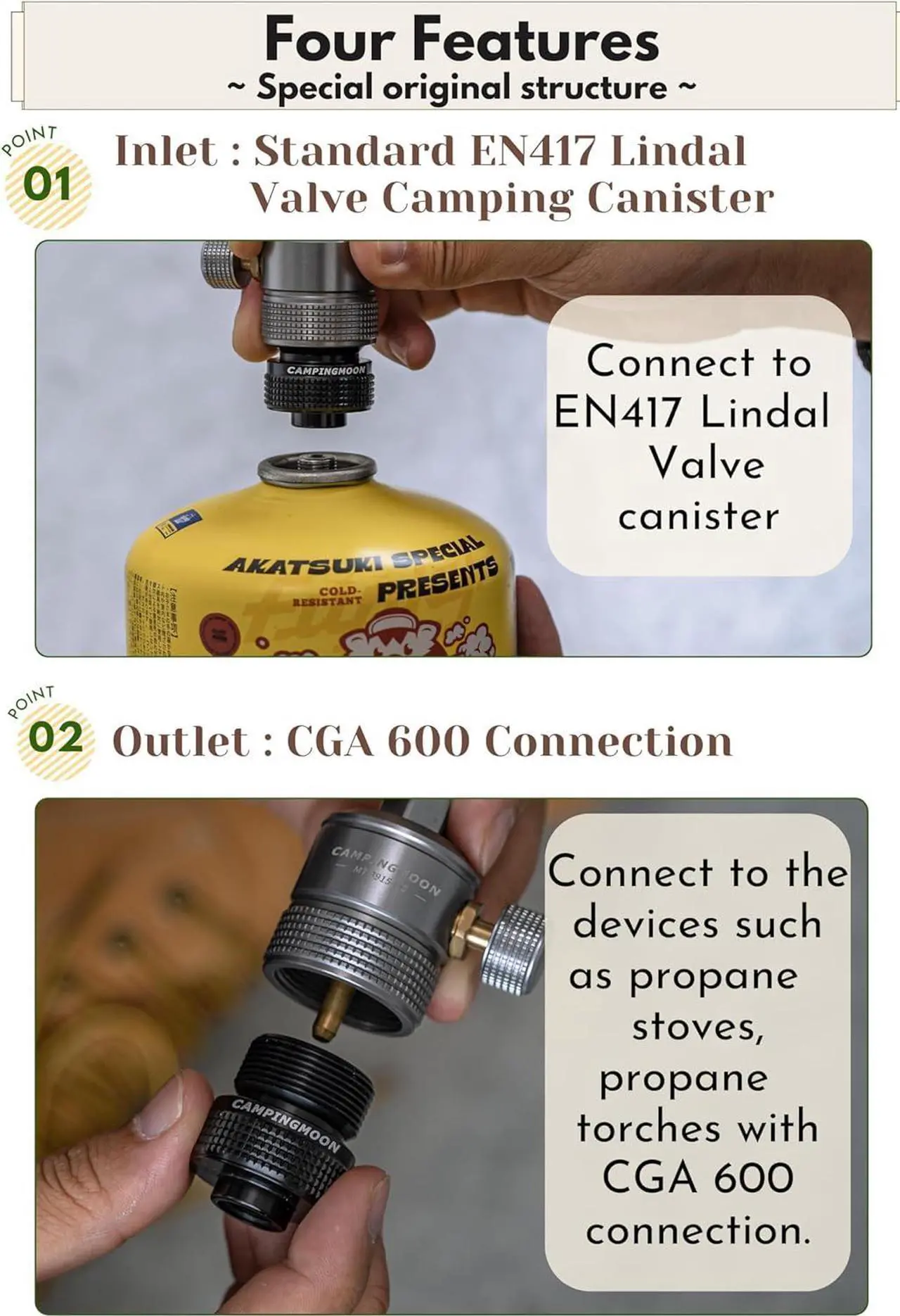 Alt view image 4 of 7 - CAMPINGMOON Camping Canister Propane Gas Stove Grill Adapter, Input: EN417 Lindal Valve Canister, Output: CGA 600 Connection BKZ20 (Black CGA 600 Adapter)