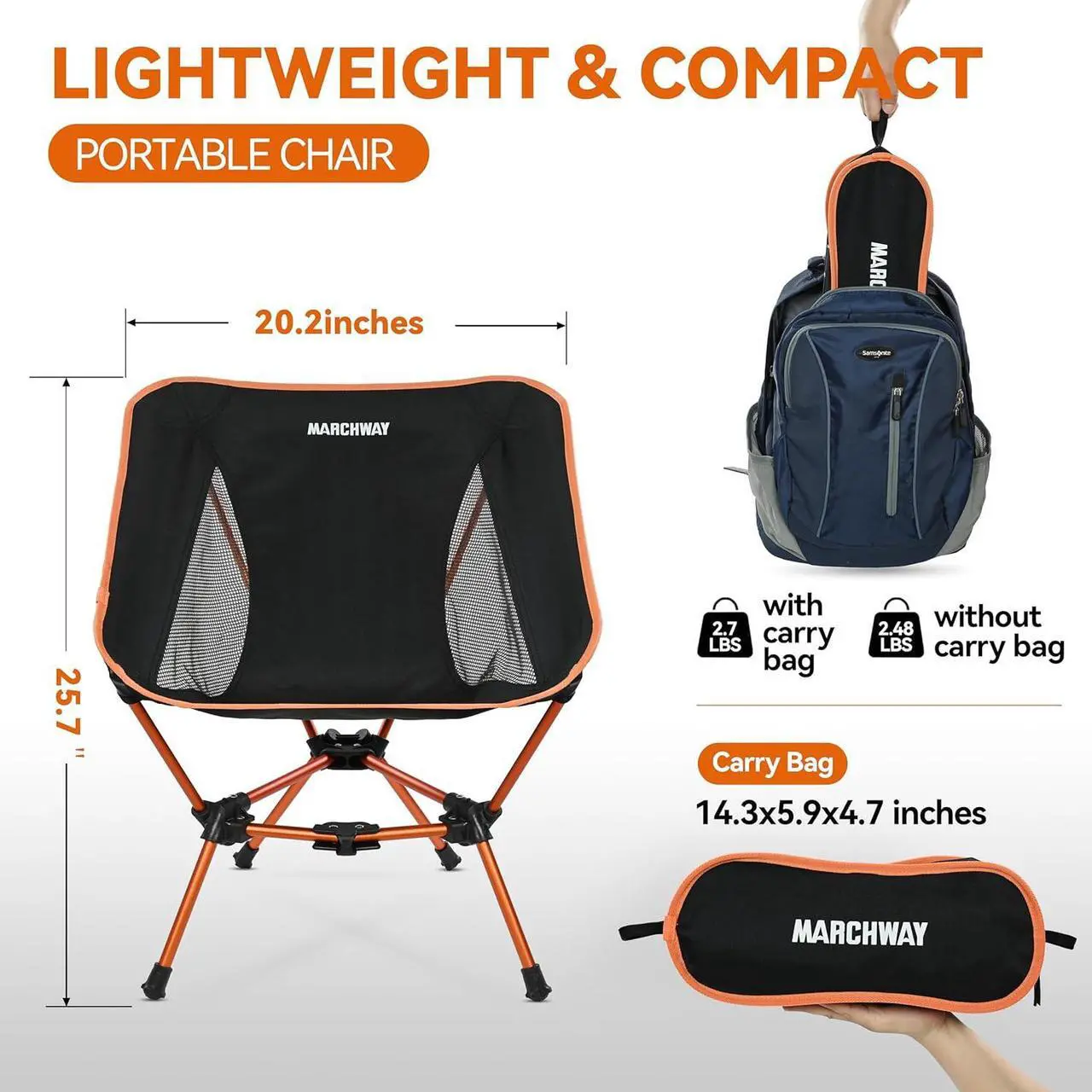 Alt view image 2 of 6 - MARCHWAY Lightweight Folding Camping Chair, Stable Portable Compact for Outdoor Camp, Travel, Beach, Picnic, Festival, Hiking, Backpacking, Supports 330Lbs (Orange)