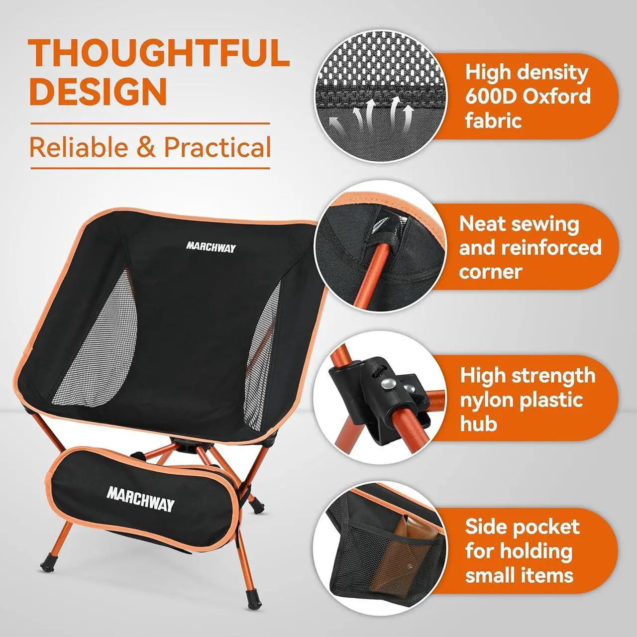 Alt view image 4 of 6 - MARCHWAY Lightweight Folding Camping Chair, Stable Portable Compact for Outdoor Camp, Travel, Beach, Picnic, Festival, Hiking, Backpacking, Supports 330Lbs (Orange)