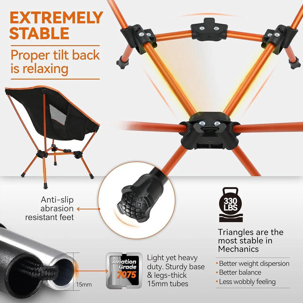 Alt view image 3 of 6 - MARCHWAY Lightweight Folding Camping Chair, Stable Portable Compact for Outdoor Camp, Travel, Beach, Picnic, Festival, Hiking, Backpacking, Supports 330Lbs (Orange)