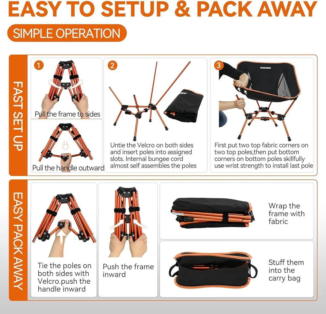 Alt view image 5 of 6 - MARCHWAY Lightweight Folding Camping Chair, Stable Portable Compact for Outdoor Camp, Travel, Beach, Picnic, Festival, Hiking, Backpacking, Supports 330Lbs (Orange)