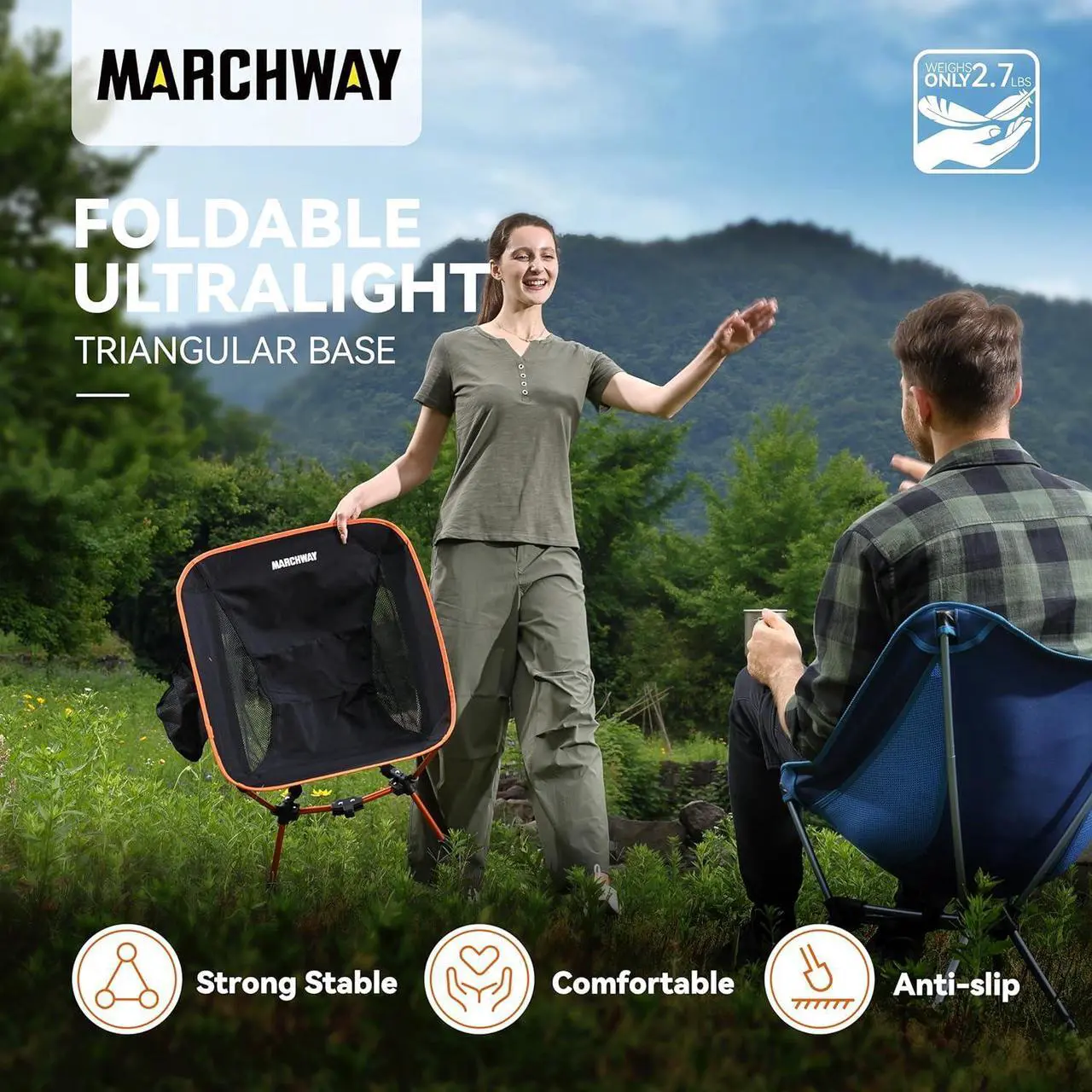 Alt view image 6 of 6 - MARCHWAY Lightweight Folding Camping Chair, Stable Portable Compact for Outdoor Camp, Travel, Beach, Picnic, Festival, Hiking, Backpacking, Supports 330Lbs (Orange)