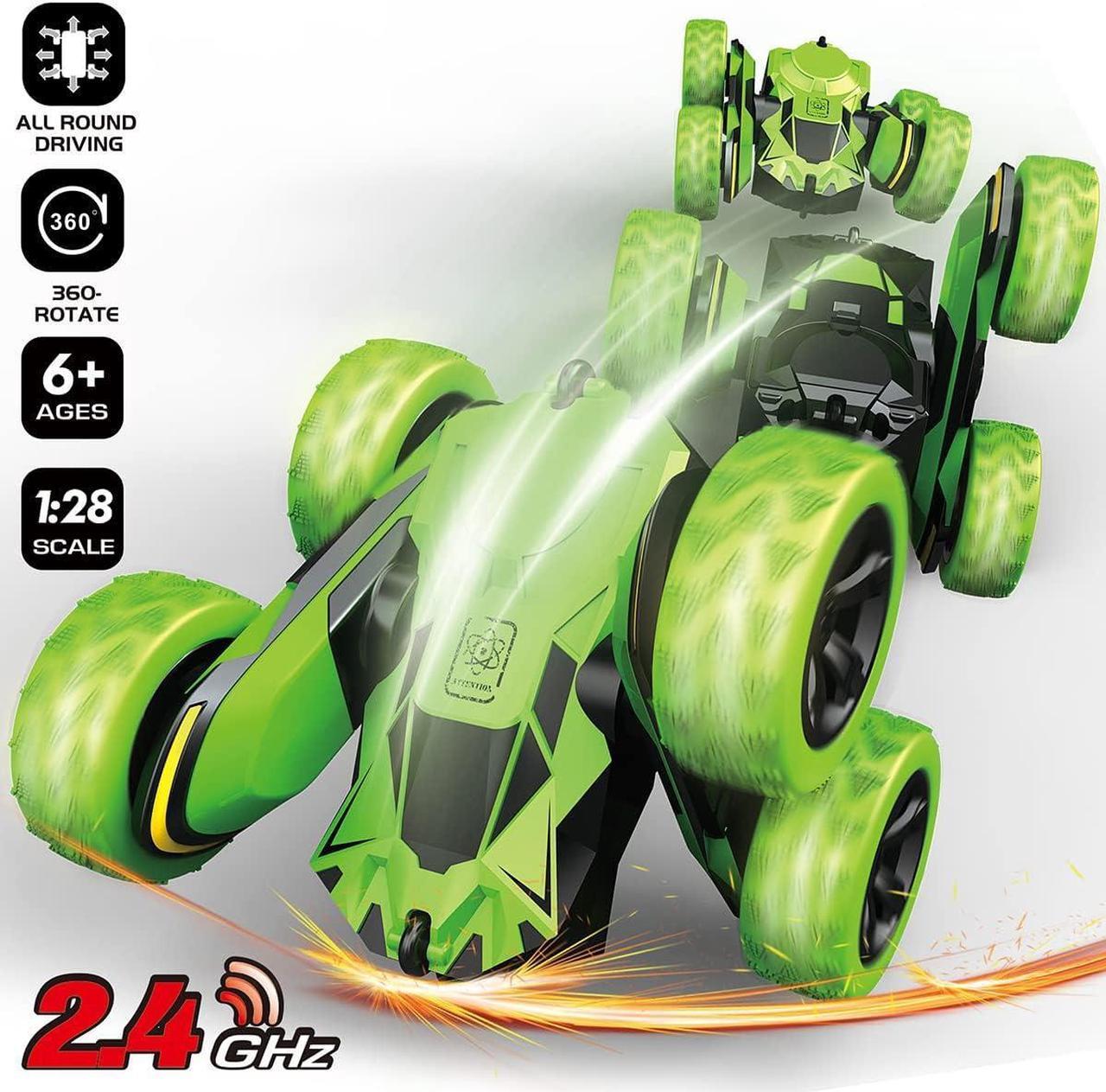 Alt view image 5 of 7 - Threeking RC Stunt Cars Remote Control Car Double-Sided Driving 360-degree Flips Rotating Car Toy, Green