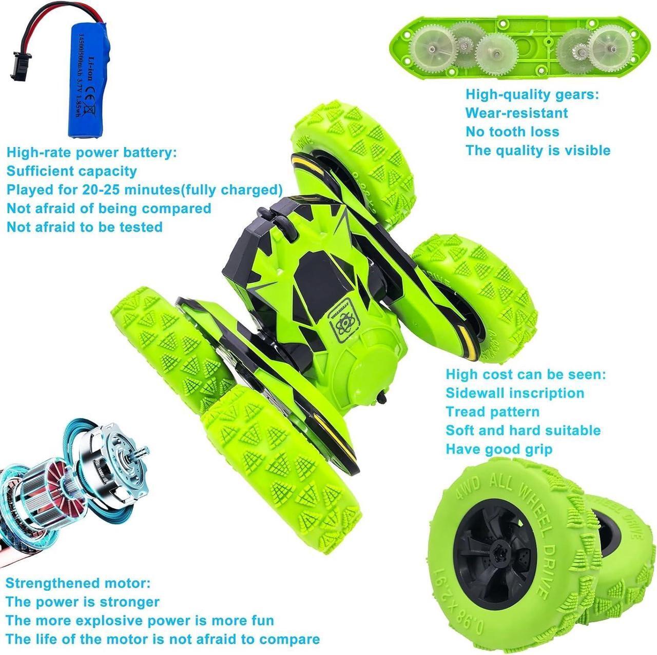 Alt view image 4 of 7 - Threeking RC Stunt Cars Remote Control Car Double-Sided Driving 360-degree Flips Rotating Car Toy, Green