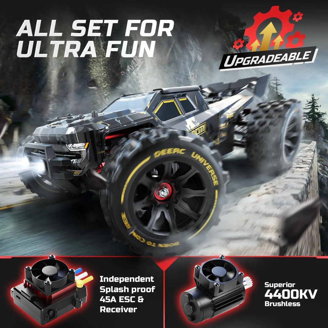 Alt view image 5 of 7 - DEERC 1:14 Fast Brushless RC Cars for Adults & Boys, Max 50+ MPH, 2 3S Lipo Batteries 4x4 Waterproof RC Truck, High Speed Offroad Remote Control Car, All Terrain RC Truggy for Snow,Sand & Mud