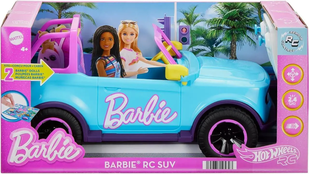 Alt view image 7 of 7 - Hot Wheels Barbie RC SUV, Remote-Control Pink Vehicle That Fits 2 Barbie Dolls & Accessories, Includes Kid-Applied Stickers for Customization