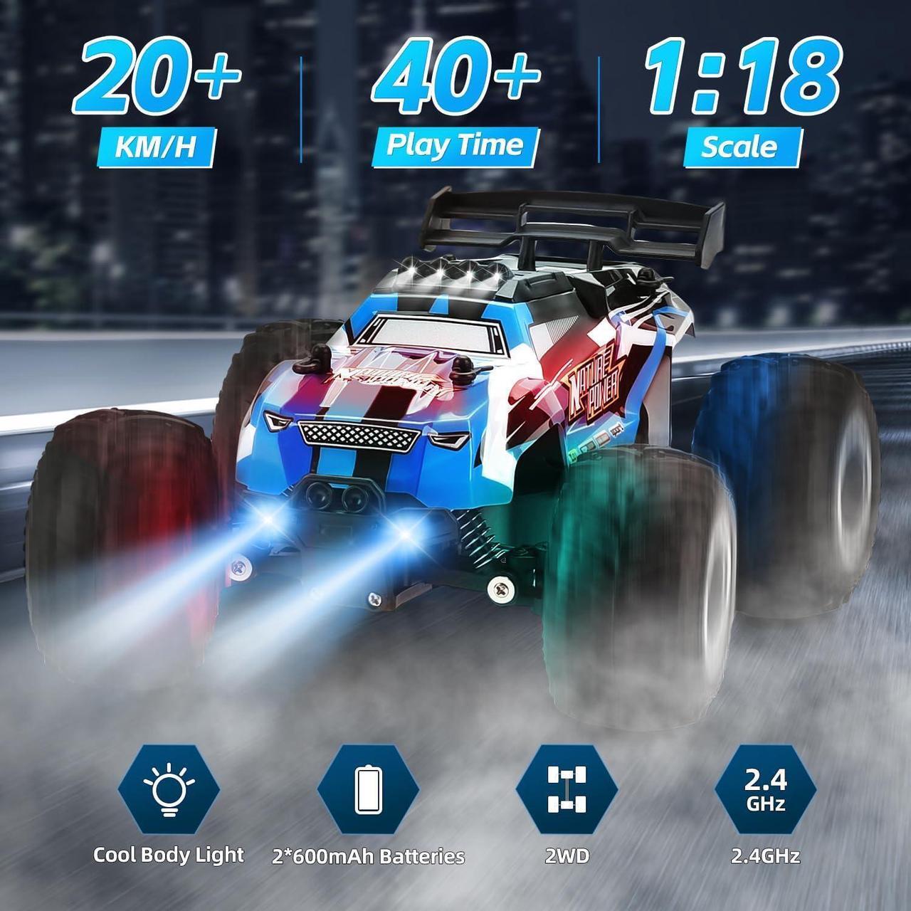 Alt view image 2 of 7 - Remote Control Car, 2.4Ghz Glow-up RC Cars with Body Lights & Headlights, 2 Rechargeable Batteries for 40 Min Play, 20 KM/H All Terrain Off-Road Monster Truck,Toys for Boys Kids Age 4-7 8-12 Xmas Gift