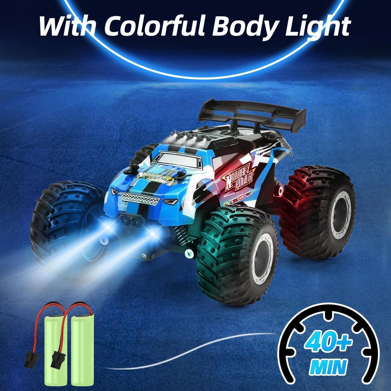 Alt view image 3 of 7 - Remote Control Car, 2.4Ghz Glow-up RC Cars with Body Lights & Headlights, 2 Rechargeable Batteries for 40 Min Play, 20 KM/H All Terrain Off-Road Monster Truck,Toys for Boys Kids Age 4-7 8-12 Xmas Gift