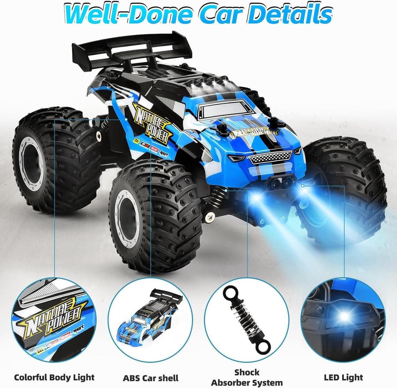 Alt view image 5 of 7 - Remote Control Car, 2.4Ghz Glow-up RC Cars with Body Lights & Headlights, 2 Rechargeable Batteries for 40 Min Play, 20 KM/H All Terrain Off-Road Monster Truck,Toys for Boys Kids Age 4-7 8-12 Xmas Gift