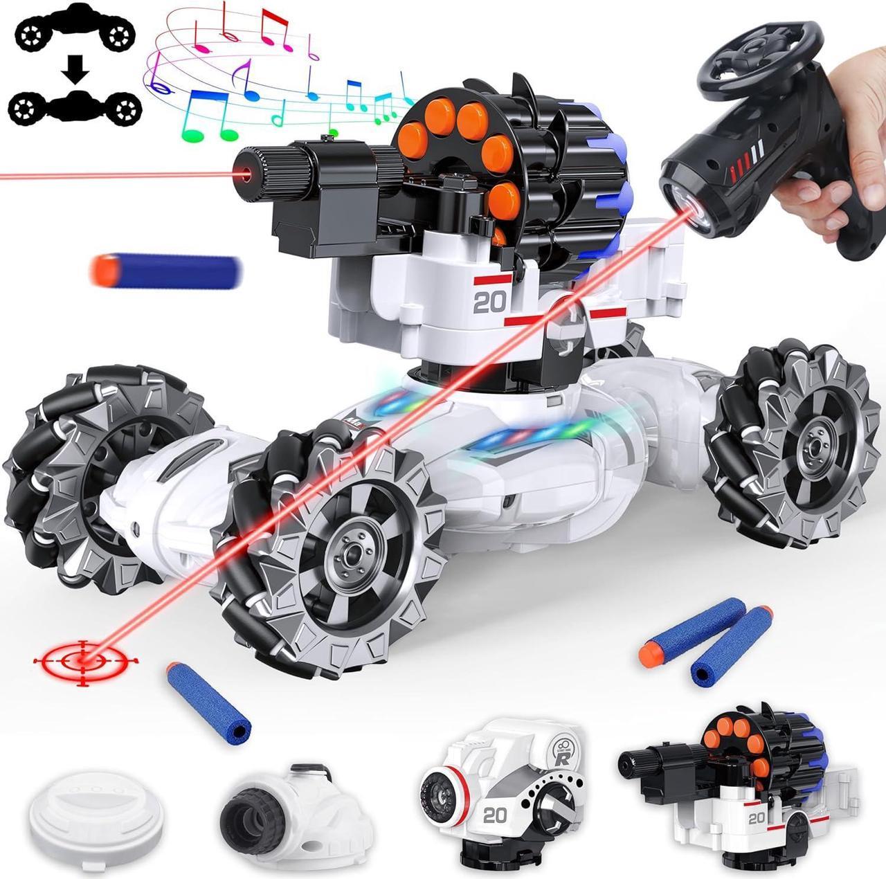 Main image of 4 Head RC Tank Cars That Shoots Nerf Bullets, Bubble, Spray, Nerf Tank Remote Control Car for Boys 6 7 8 9 10 11 12 Year Old, RC Stunt Car Chase Light Control, LED Light, Music, Kids Toy Gift