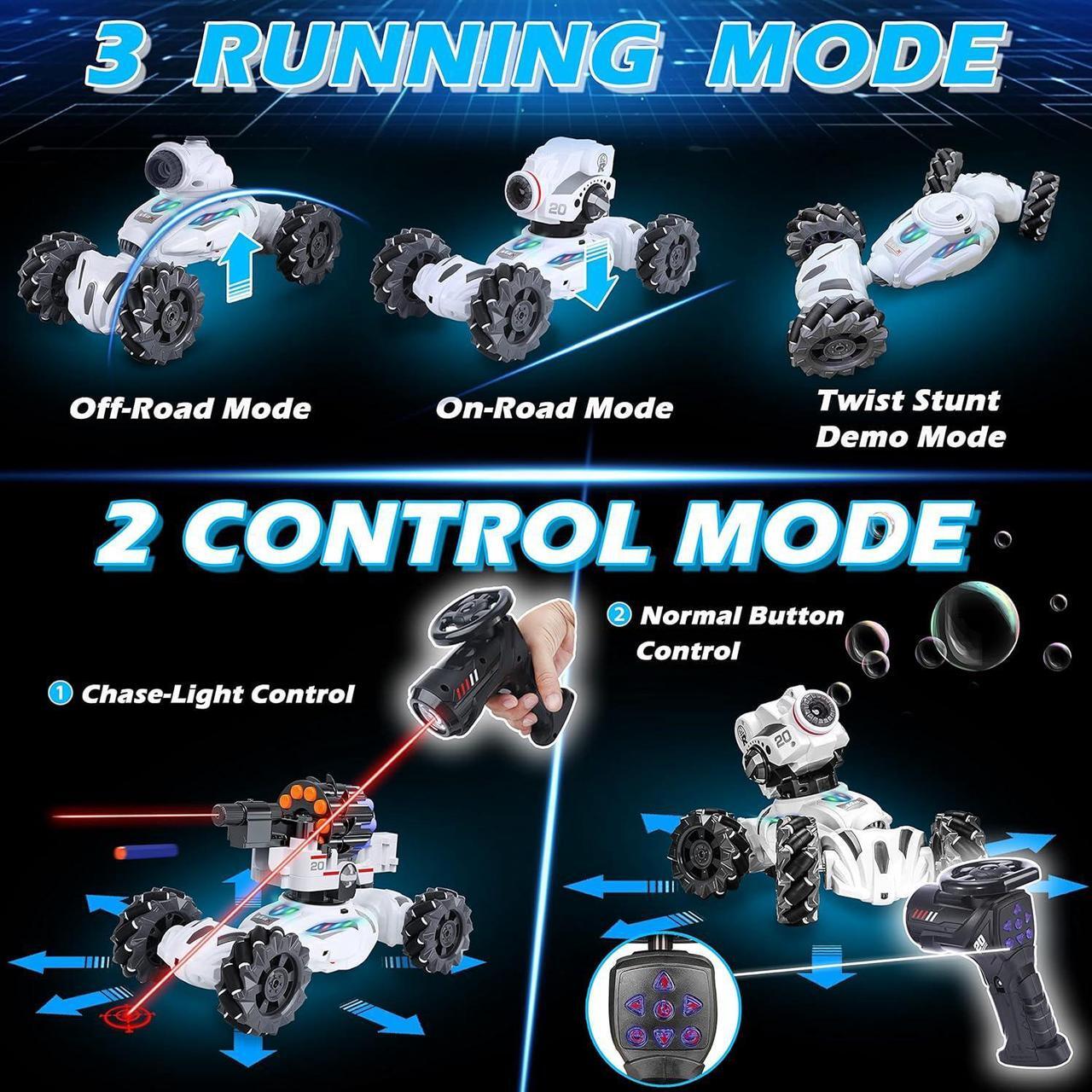 Alt view image 3 of 7 - 4 Head RC Tank Cars That Shoots Nerf Bullets, Bubble, Spray, Nerf Tank Remote Control Car for Boys 6 7 8 9 10 11 12 Year Old, RC Stunt Car Chase Light Control, LED Light, Music, Kids Toy Gift